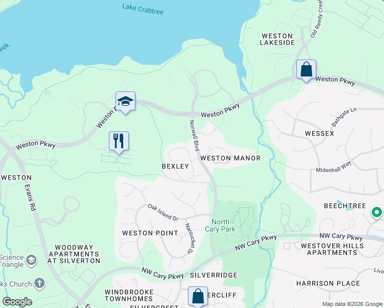 map of restaurants, bars, coffee shops, grocery stores, and more near 104 Juliet Circle in Cary