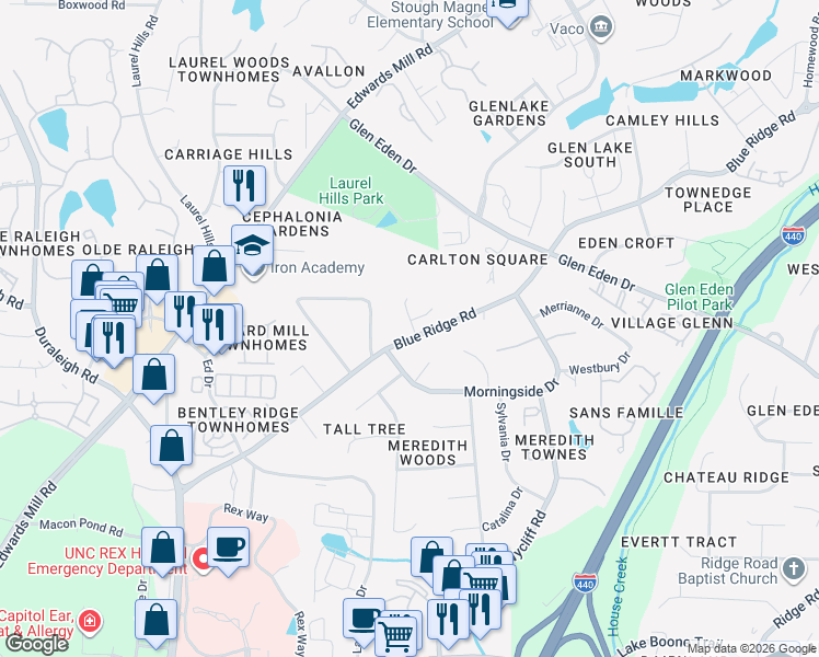 map of restaurants, bars, coffee shops, grocery stores, and more near in Raleigh
