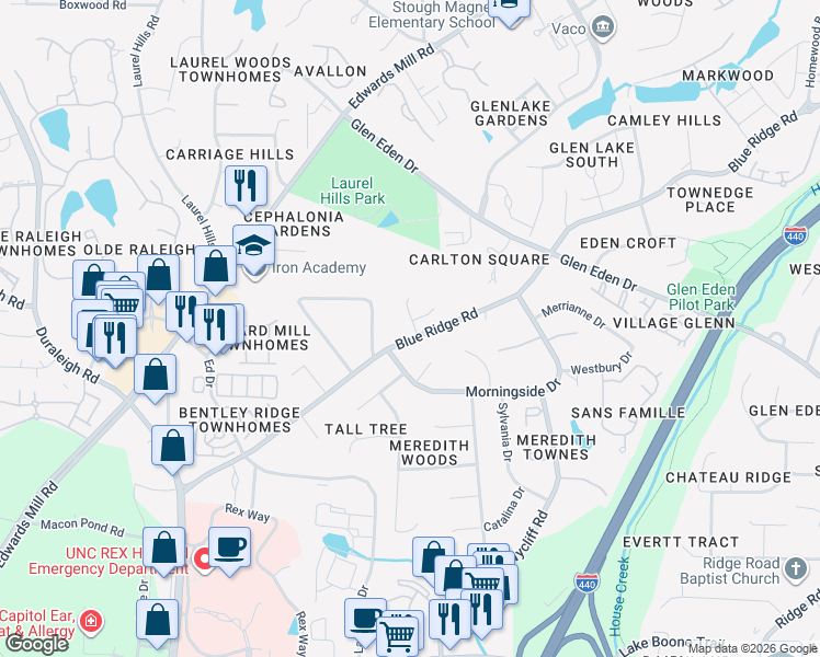 map of restaurants, bars, coffee shops, grocery stores, and more near in Raleigh