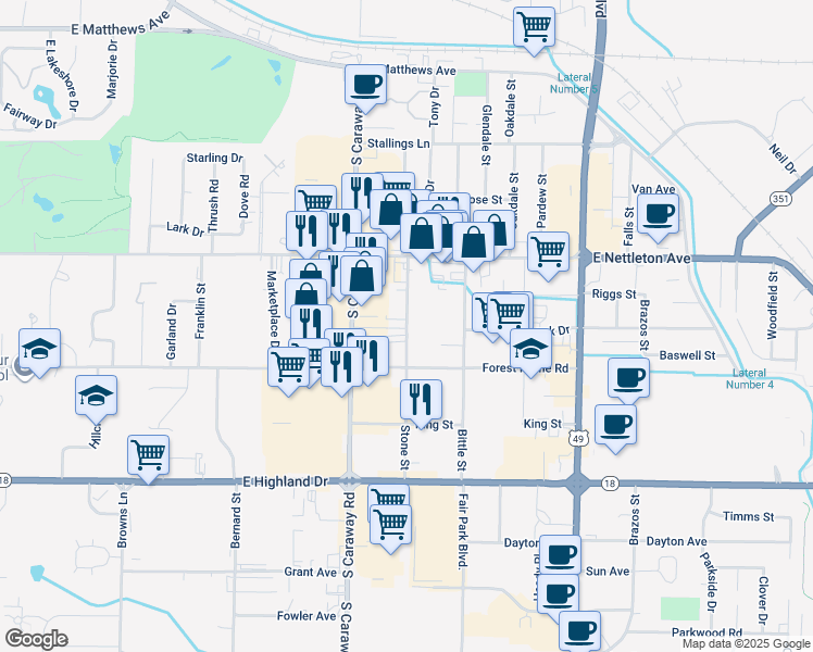 map of restaurants, bars, coffee shops, grocery stores, and more near 1610 Stone Street in Jonesboro