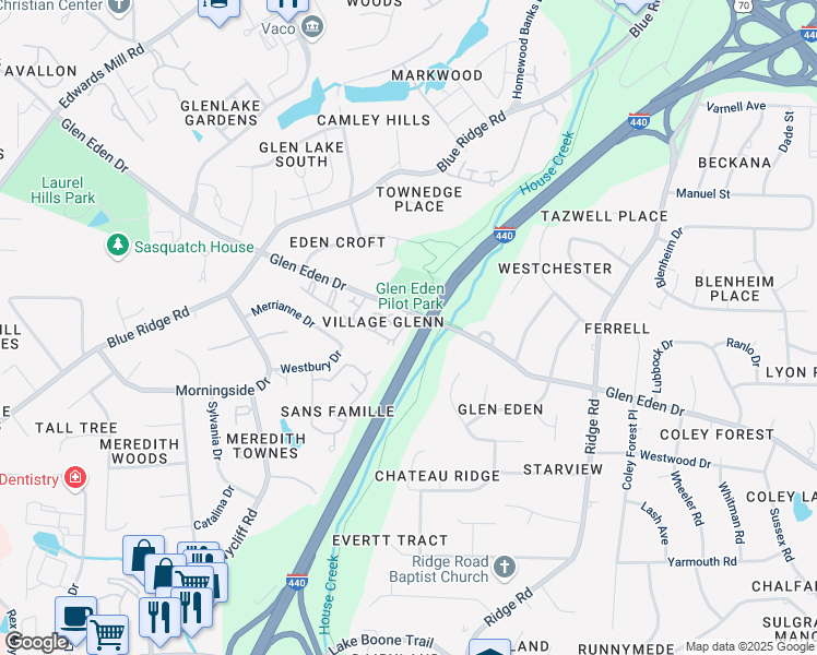 map of restaurants, bars, coffee shops, grocery stores, and more near 1509 Village Glenn Drive in Raleigh