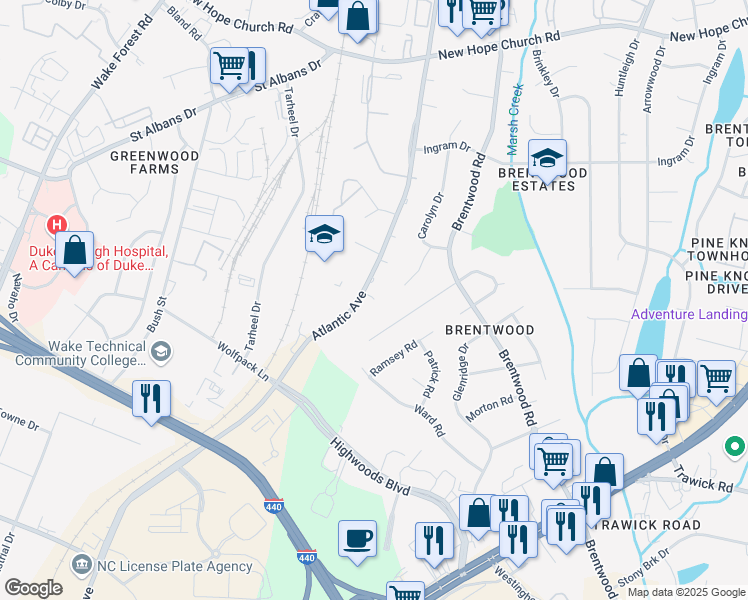 map of restaurants, bars, coffee shops, grocery stores, and more near 3108 Merrill Ct in Raleigh