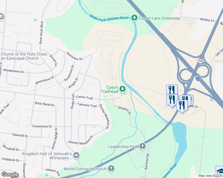 map of restaurants, bars, coffee shops, grocery stores, and more near 1100 Cason Trail in Murfreesboro