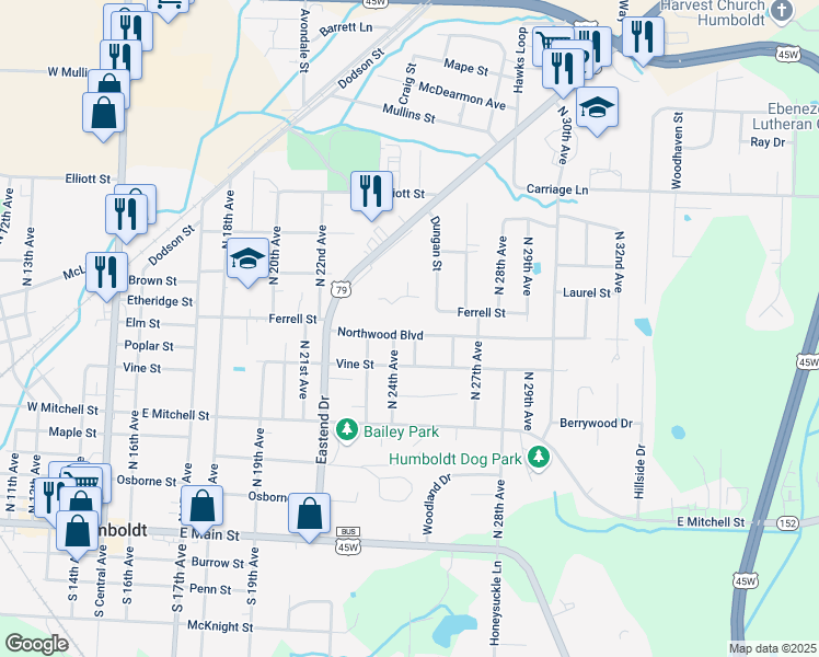 map of restaurants, bars, coffee shops, grocery stores, and more near 2411 Northwood Boulevard in Humboldt