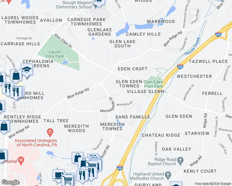 map of restaurants, bars, coffee shops, grocery stores, and more near 3125 Morningside Drive in Raleigh