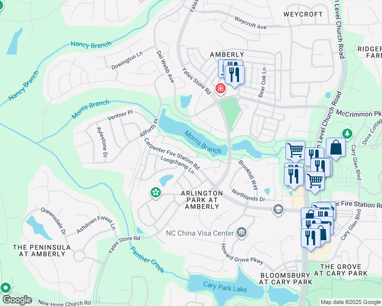 map of restaurants, bars, coffee shops, grocery stores, and more near 1816 Amberly Ledge Way in Cary