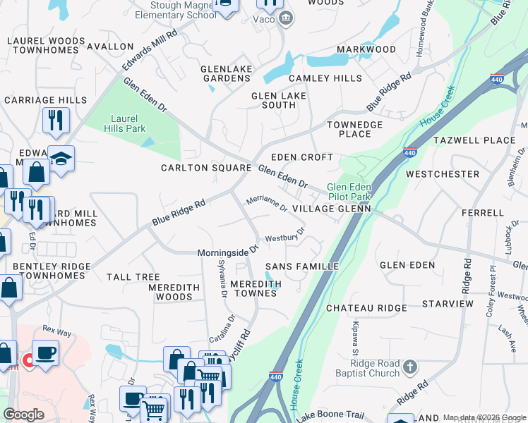 map of restaurants, bars, coffee shops, grocery stores, and more near 3125 Morningside Drive in Raleigh