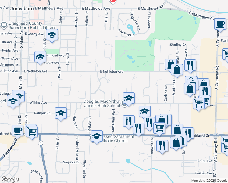 map of restaurants, bars, coffee shops, grocery stores, and more near 1602 Castle Drive in Jonesboro