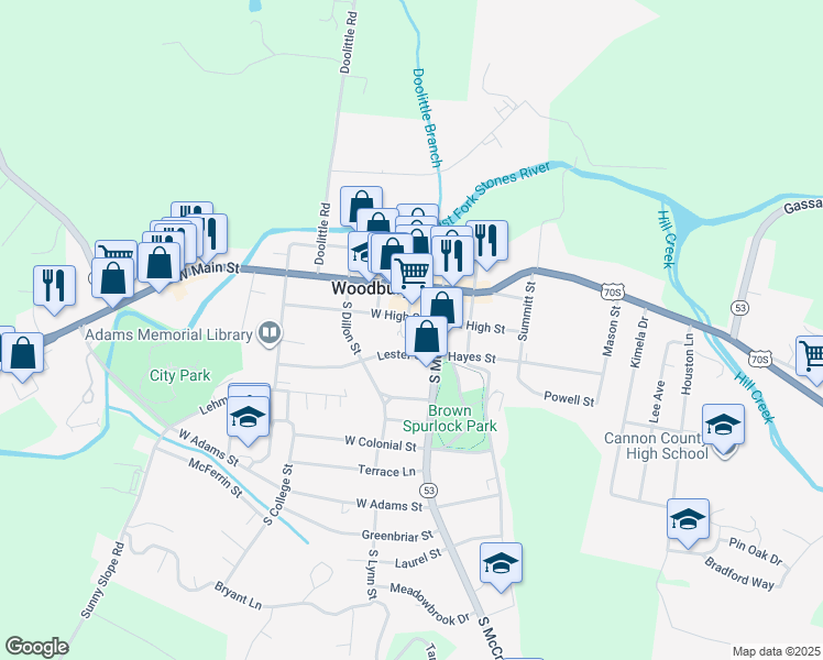 map of restaurants, bars, coffee shops, grocery stores, and more near 119 West High Street in Woodbury