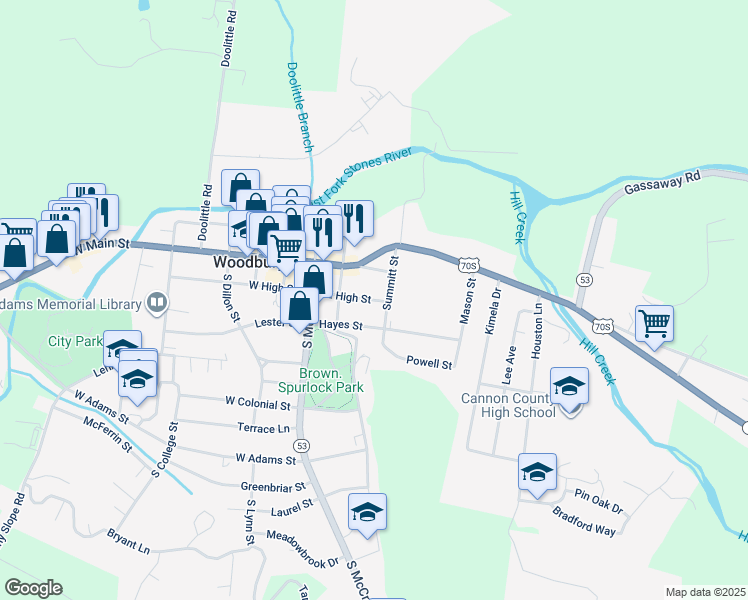 map of restaurants, bars, coffee shops, grocery stores, and more near 216 East High Street in Woodbury