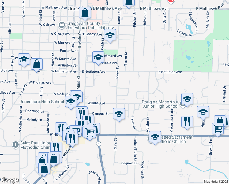 map of restaurants, bars, coffee shops, grocery stores, and more near 1507 Rains Street in Jonesboro