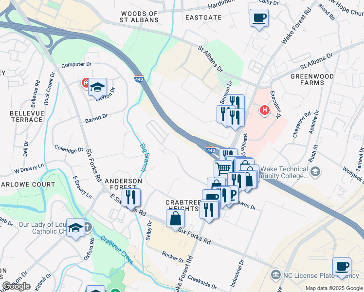 map of restaurants, bars, coffee shops, grocery stores, and more near 3128 Rushworth Drive in Raleigh