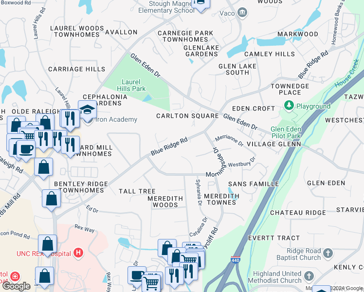 map of restaurants, bars, coffee shops, grocery stores, and more near 3432 Blue Ridge Road in Raleigh
