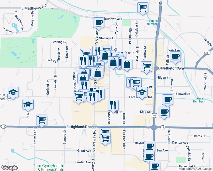 map of restaurants, bars, coffee shops, grocery stores, and more near 1519 Stone Street in Jonesboro