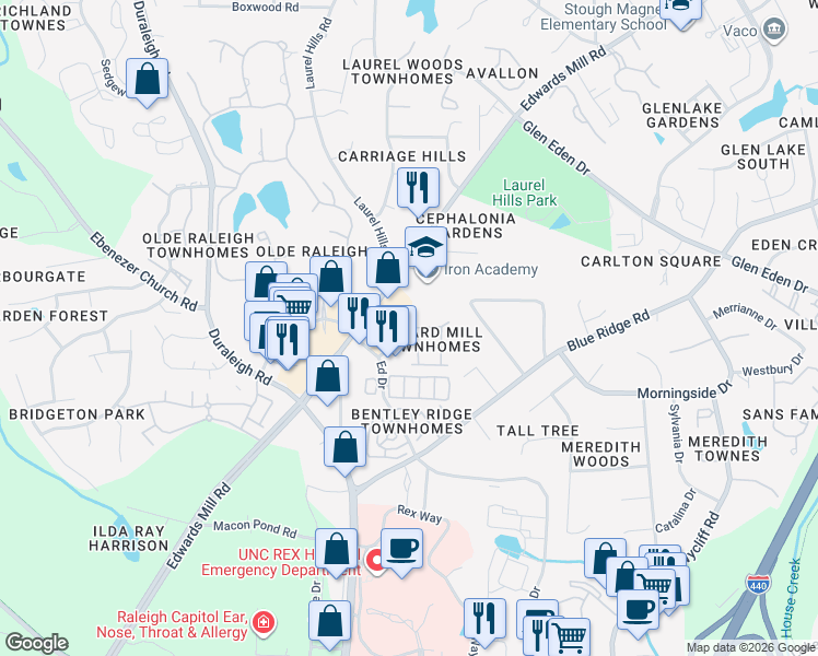 map of restaurants, bars, coffee shops, grocery stores, and more near 3608 Edgemont Drive in Raleigh