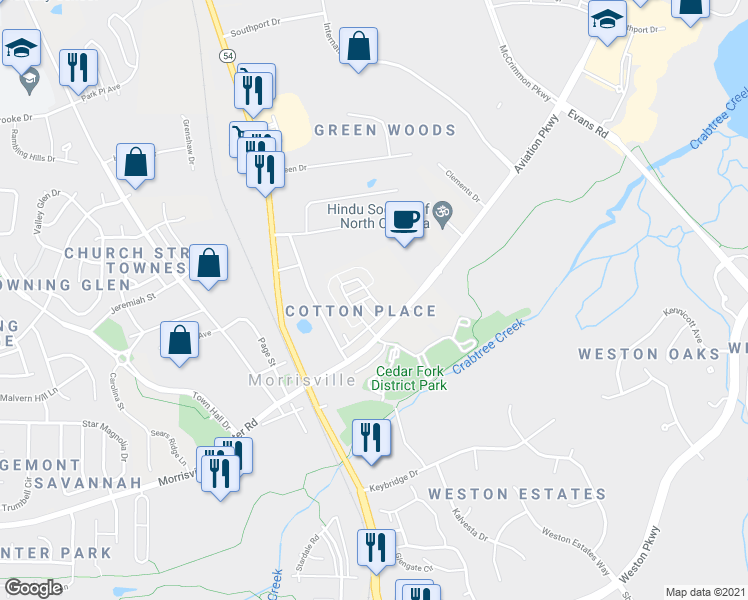 map of restaurants, bars, coffee shops, grocery stores, and more near 401 Liberty Hill Pass in Morrisville