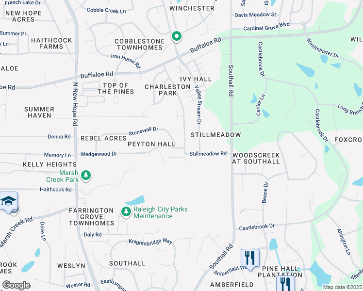 map of restaurants, bars, coffee shops, grocery stores, and more near 3715 Charleston Park Drive in Raleigh