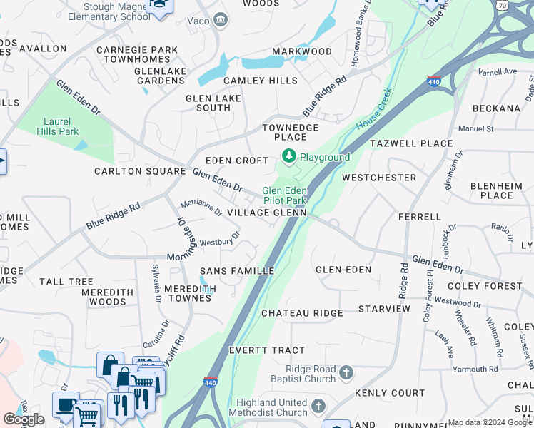 map of restaurants, bars, coffee shops, grocery stores, and more near 1534 Village Glen Drive in Raleigh
