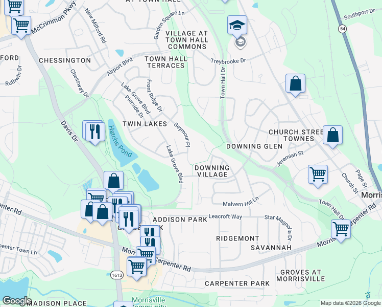 map of restaurants, bars, coffee shops, grocery stores, and more near 301 Seymour Place in Cary