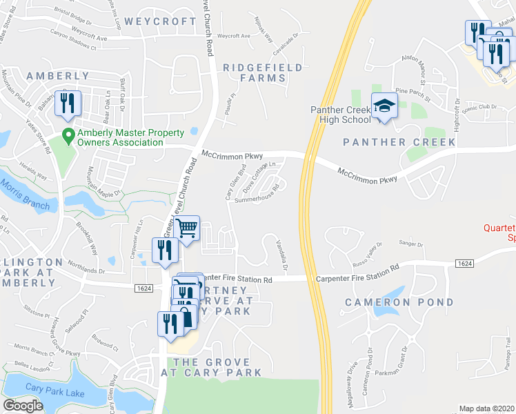 map of restaurants, bars, coffee shops, grocery stores, and more near 420 Hofman Court in Cary