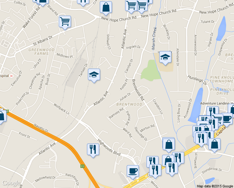 map of restaurants, bars, coffee shops, grocery stores, and more near 3133 Julian Drive in Raleigh