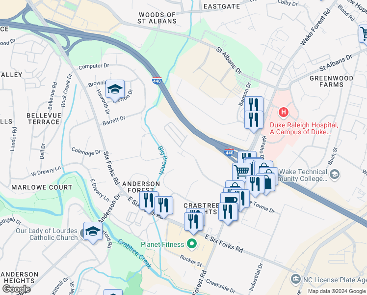 map of restaurants, bars, coffee shops, grocery stores, and more near 910 Wake Towne Drive in Raleigh