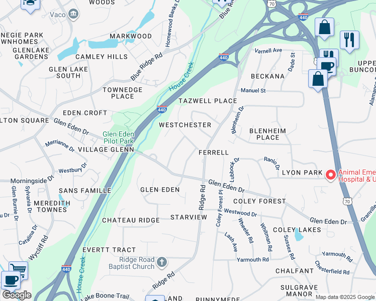 map of restaurants, bars, coffee shops, grocery stores, and more near 2421 Tyson Street in Raleigh