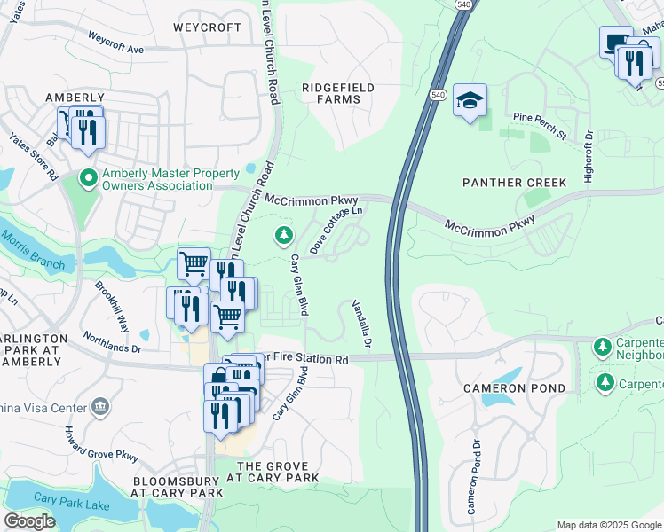 map of restaurants, bars, coffee shops, grocery stores, and more near 420 Hofman Court in Cary