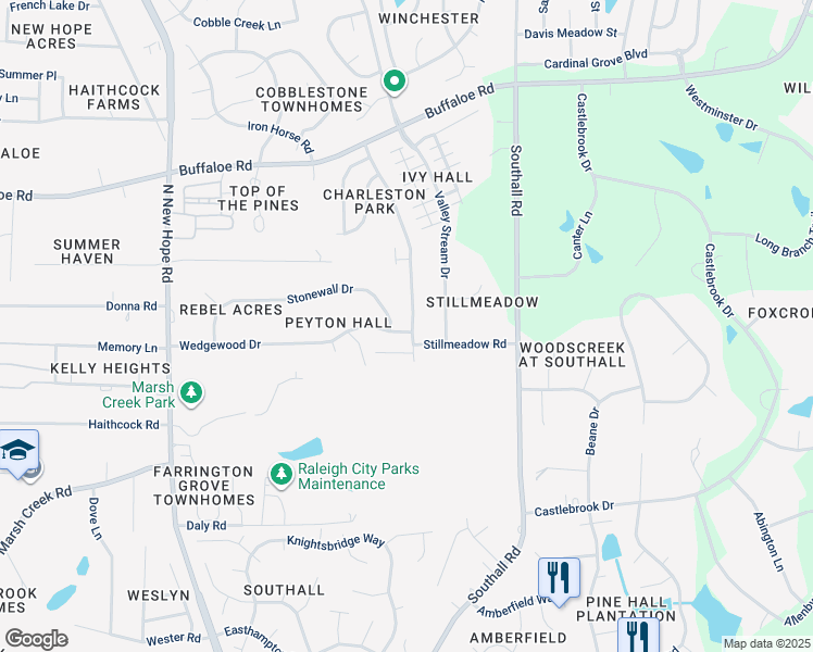 map of restaurants, bars, coffee shops, grocery stores, and more near 3715 Charleston Park Drive in Raleigh