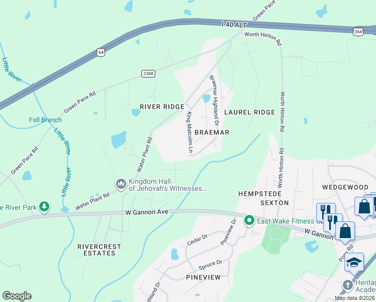 map of restaurants, bars, coffee shops, grocery stores, and more near 1308 Braemar Highland Drive in Zebulon