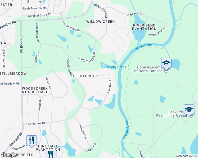 map of restaurants, bars, coffee shops, grocery stores, and more near 5320 Edington Lane in Raleigh
