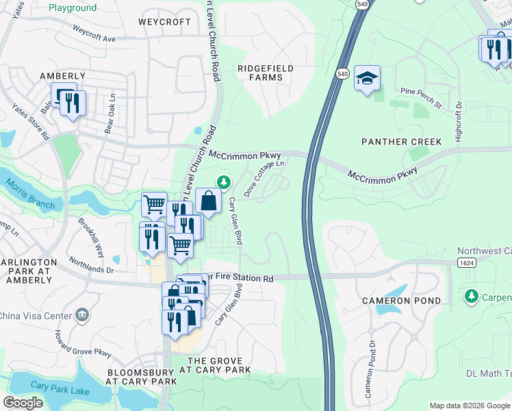 map of restaurants, bars, coffee shops, grocery stores, and more near 412 Hofman Court in Cary