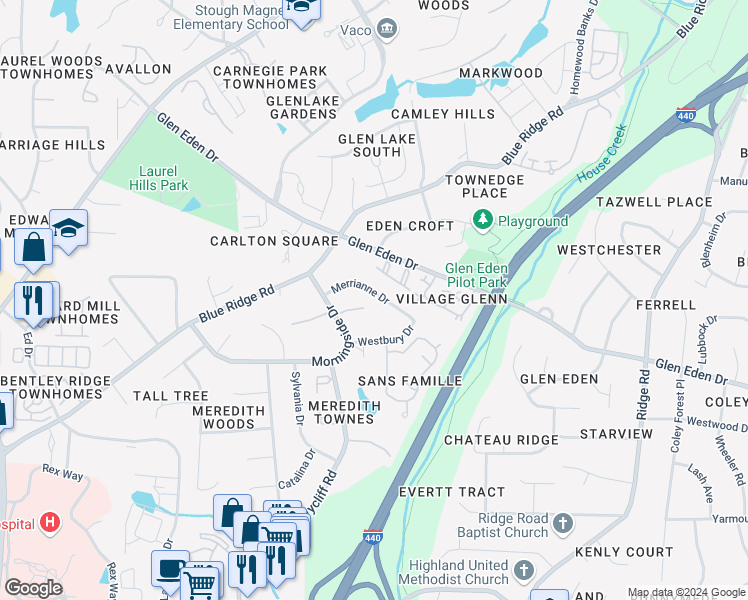 map of restaurants, bars, coffee shops, grocery stores, and more near 3125 Merrianne Drive in Raleigh
