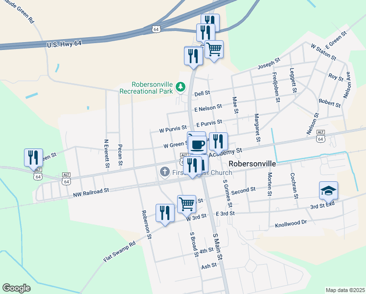 map of restaurants, bars, coffee shops, grocery stores, and more near 107 West Green Street in Robersonville