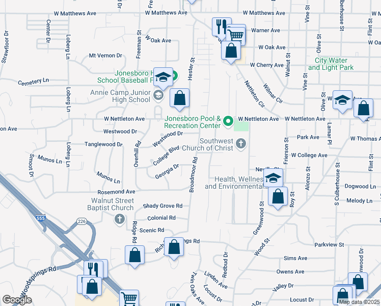 map of restaurants, bars, coffee shops, grocery stores, and more near 1605 West College Boulevard in Jonesboro