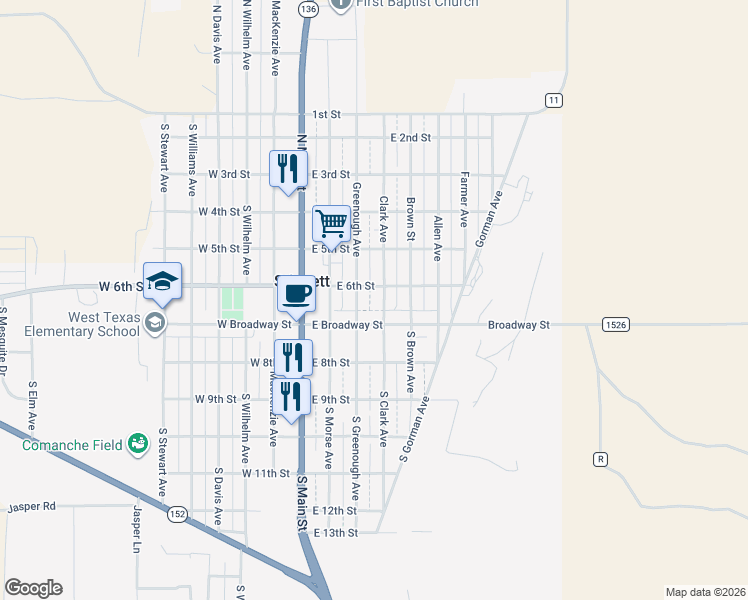 map of restaurants, bars, coffee shops, grocery stores, and more near 601-617 Greenough Avenue in Stinnett