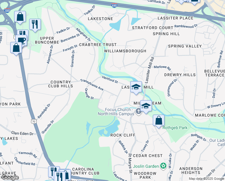 map of restaurants, bars, coffee shops, grocery stores, and more near 611 Transylvania Ave in Raleigh