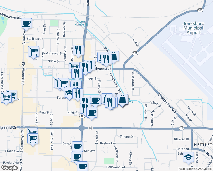 map of restaurants, bars, coffee shops, grocery stores, and more near 3208 Kingsbury Street in Jonesboro