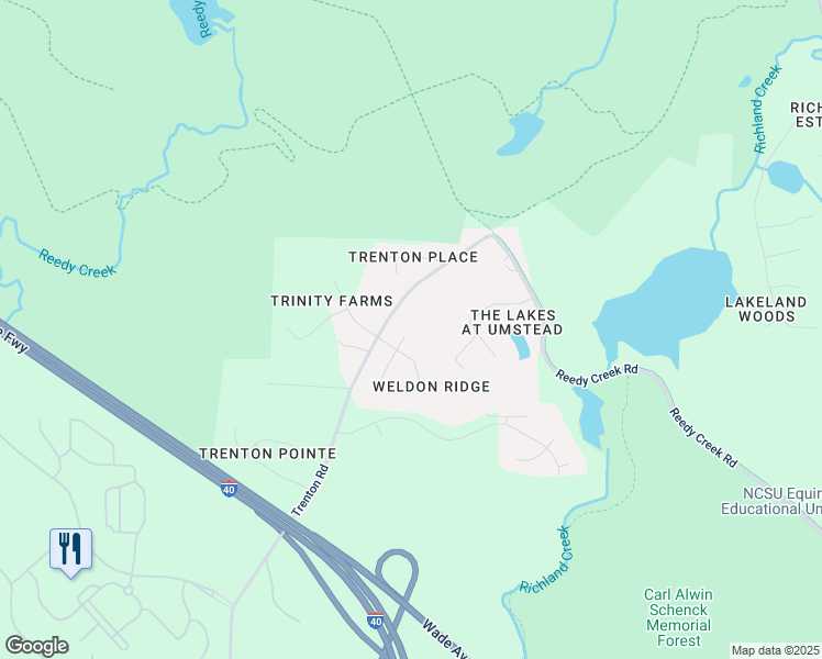 map of restaurants, bars, coffee shops, grocery stores, and more near 3410 Roller Mill Court in Raleigh