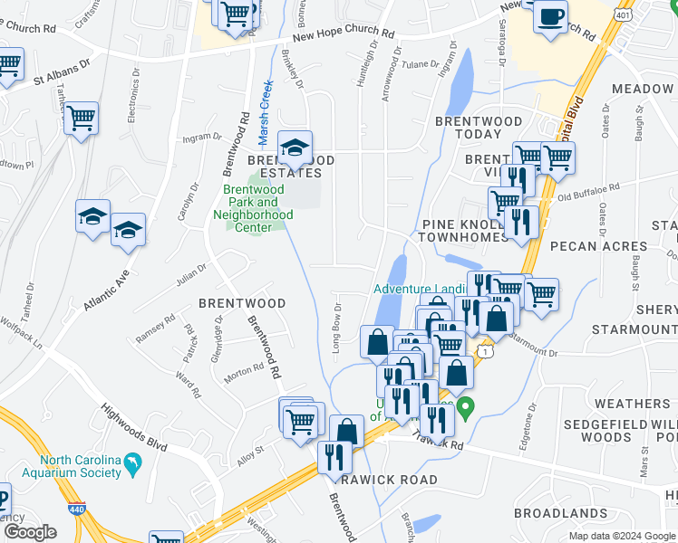 map of restaurants, bars, coffee shops, grocery stores, and more near 3600 Glenraven Drive in Raleigh