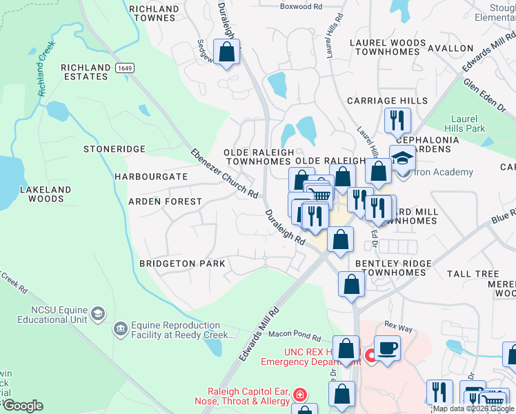 map of restaurants, bars, coffee shops, grocery stores, and more near 3618 Mill Run in Raleigh