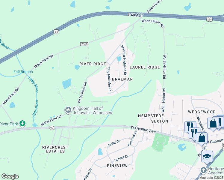 map of restaurants, bars, coffee shops, grocery stores, and more near 2405 King Malcolm Lane in Zebulon