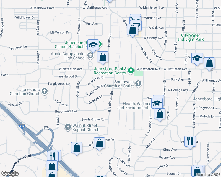 map of restaurants, bars, coffee shops, grocery stores, and more near 1601 Broadmoor Road in Jonesboro