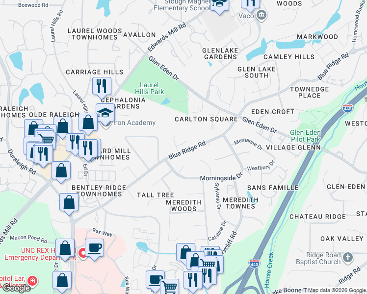 map of restaurants, bars, coffee shops, grocery stores, and more near 3420 Blue Ridge Road in Raleigh