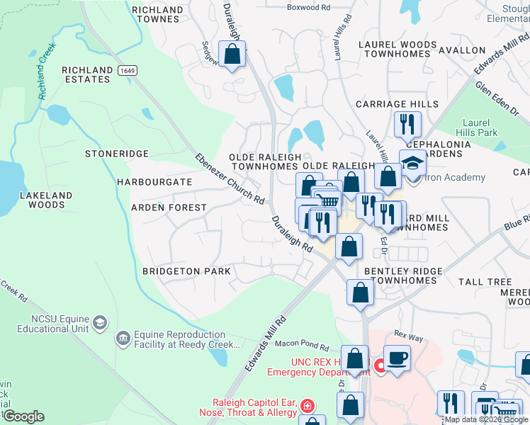 map of restaurants, bars, coffee shops, grocery stores, and more near 3618 Mill Run in Raleigh