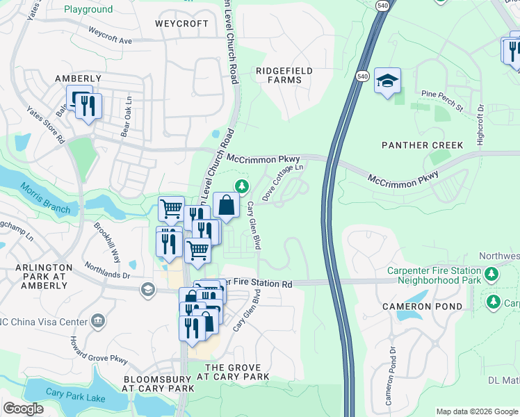 map of restaurants, bars, coffee shops, grocery stores, and more near 1000 Summerhouse Road in Cary