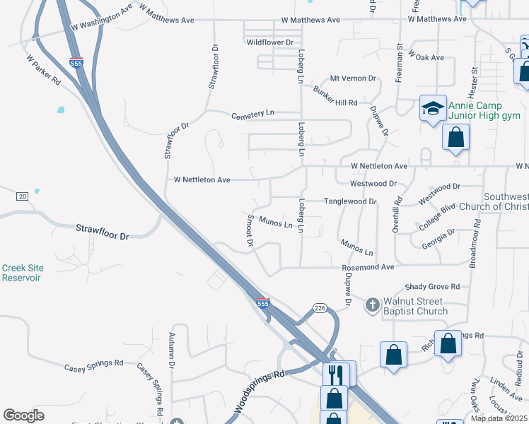 map of restaurants, bars, coffee shops, grocery stores, and more near 2112 Munos Lane in Jonesboro
