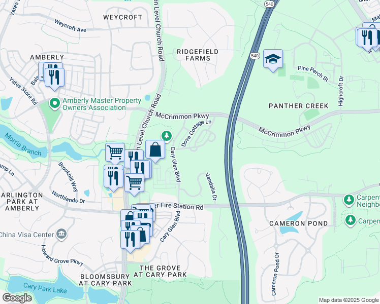 map of restaurants, bars, coffee shops, grocery stores, and more near 408 Hofman Court in Cary