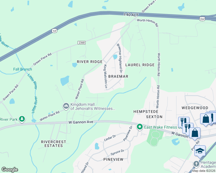 map of restaurants, bars, coffee shops, grocery stores, and more near 2405 King Malcolm Lane in Zebulon
