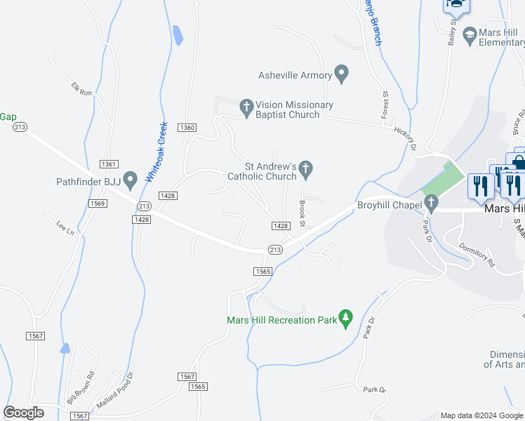 map of restaurants, bars, coffee shops, grocery stores, and more near 151 State Road 1428 in Mars Hill